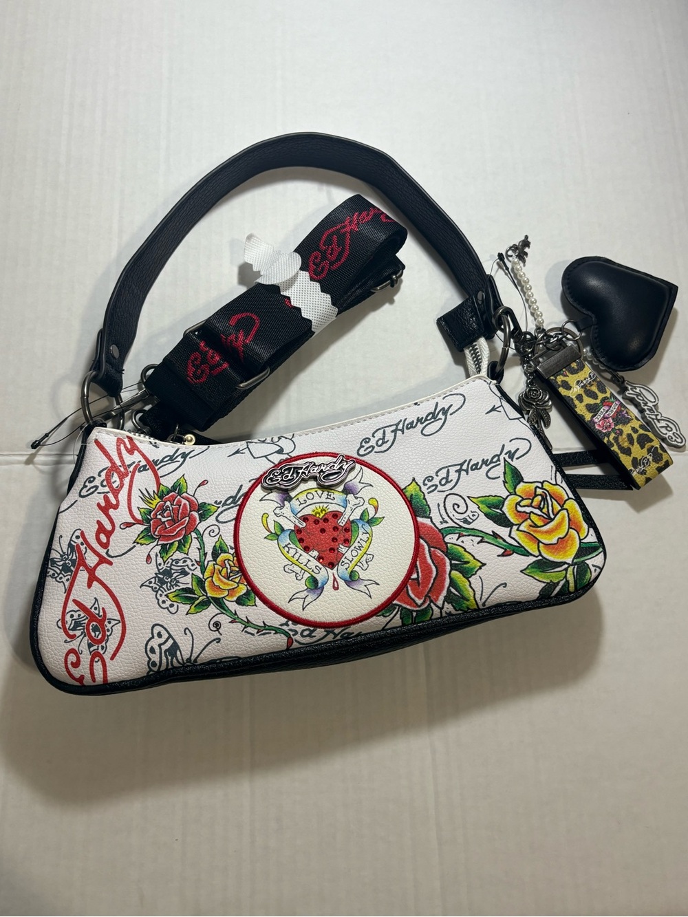 Ed Hardy White Floral Tattoo-Print Mini Shoulder Bag with Black Strap